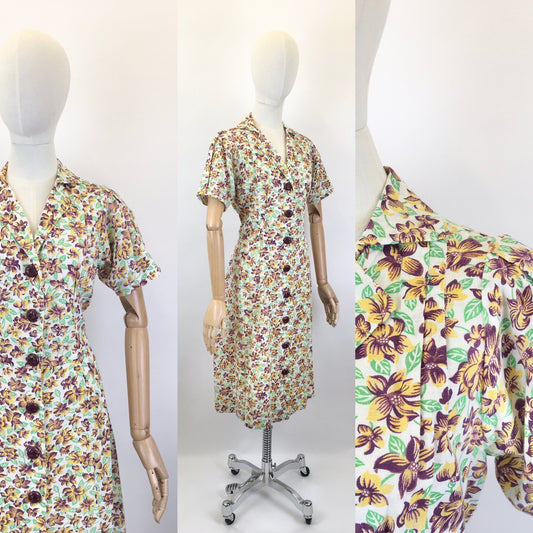 Original Late 1930’s Floral Print Button Down Front Dress - In Yellows, Maroons and Greens on Ivory