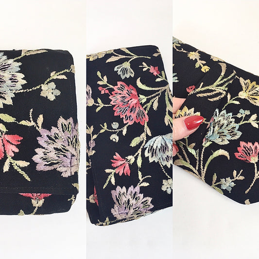 Original 1930's Exquisite Embroidered Crepe Clutch Handbag - In Black with Lilacs, Pinks, Pale Blues and Green