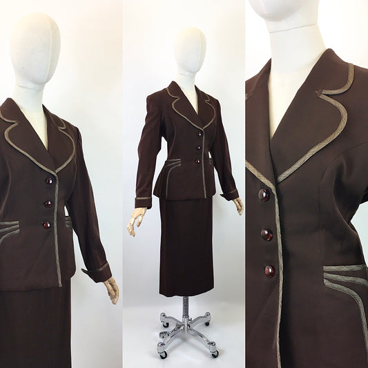 Original Sensational 1940’s American 2pc Suit by ‘ Betty Hill, California’ - In Rich Chocolate Brown with Stunning Details