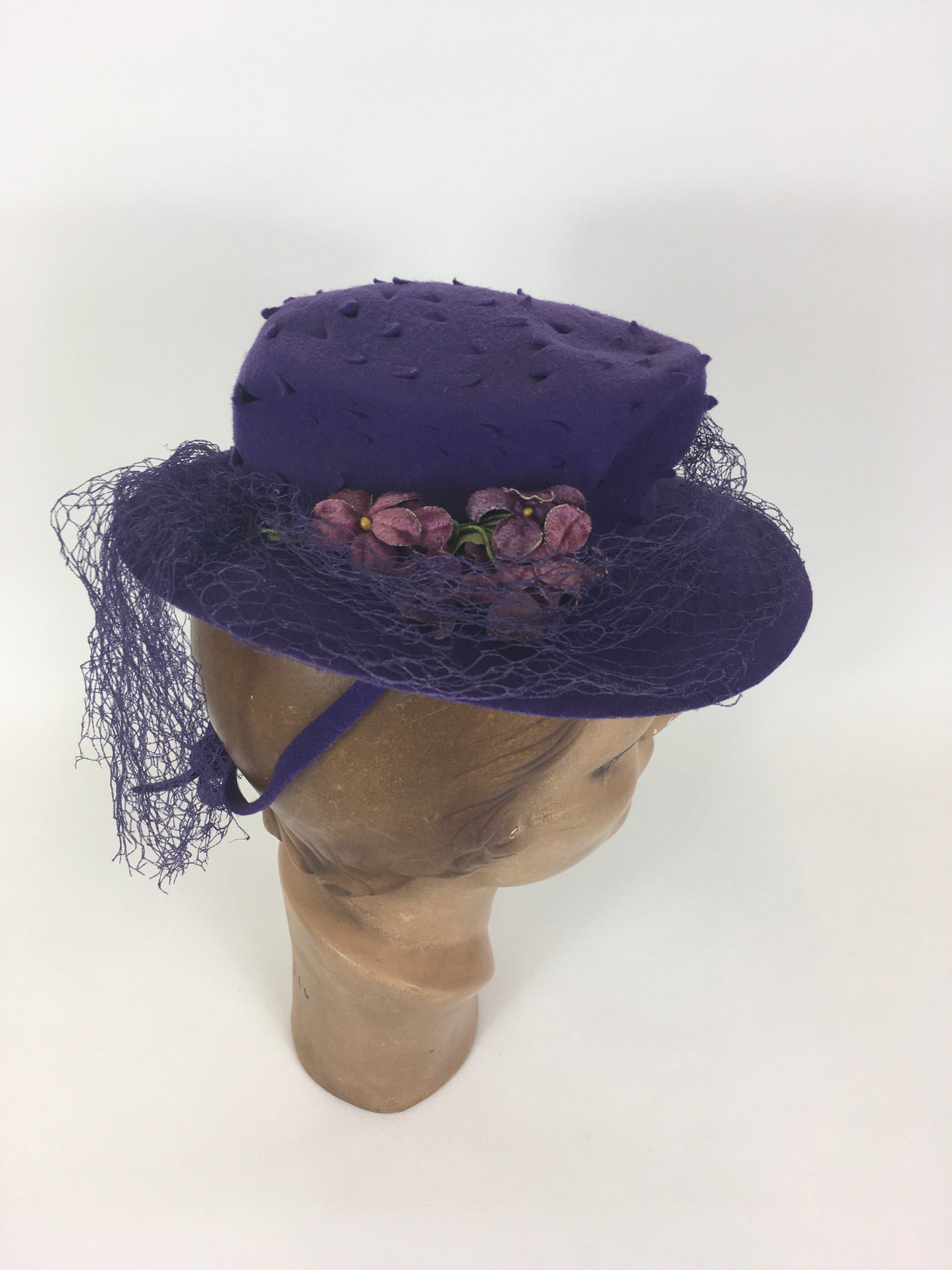 Original 1940’s SENSATIONAL Cadbury Purple Felt Topper Hat - With Cutwork Detailing, Millinery Flowers and Veiling