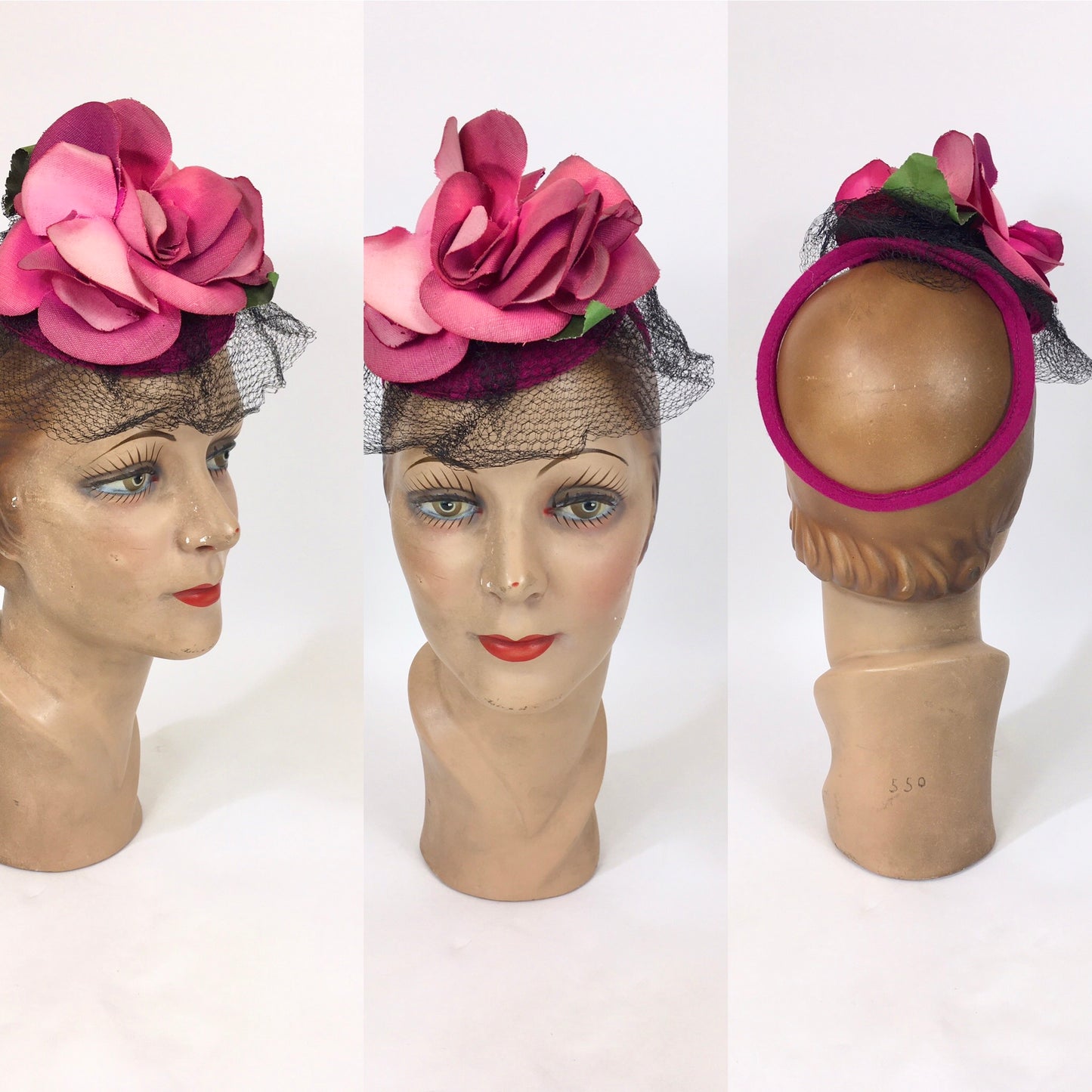 Original 1940’s Stunning Toy Topper Tilt Hat - In Cerise Pink with Floral Millinery and Veiling
