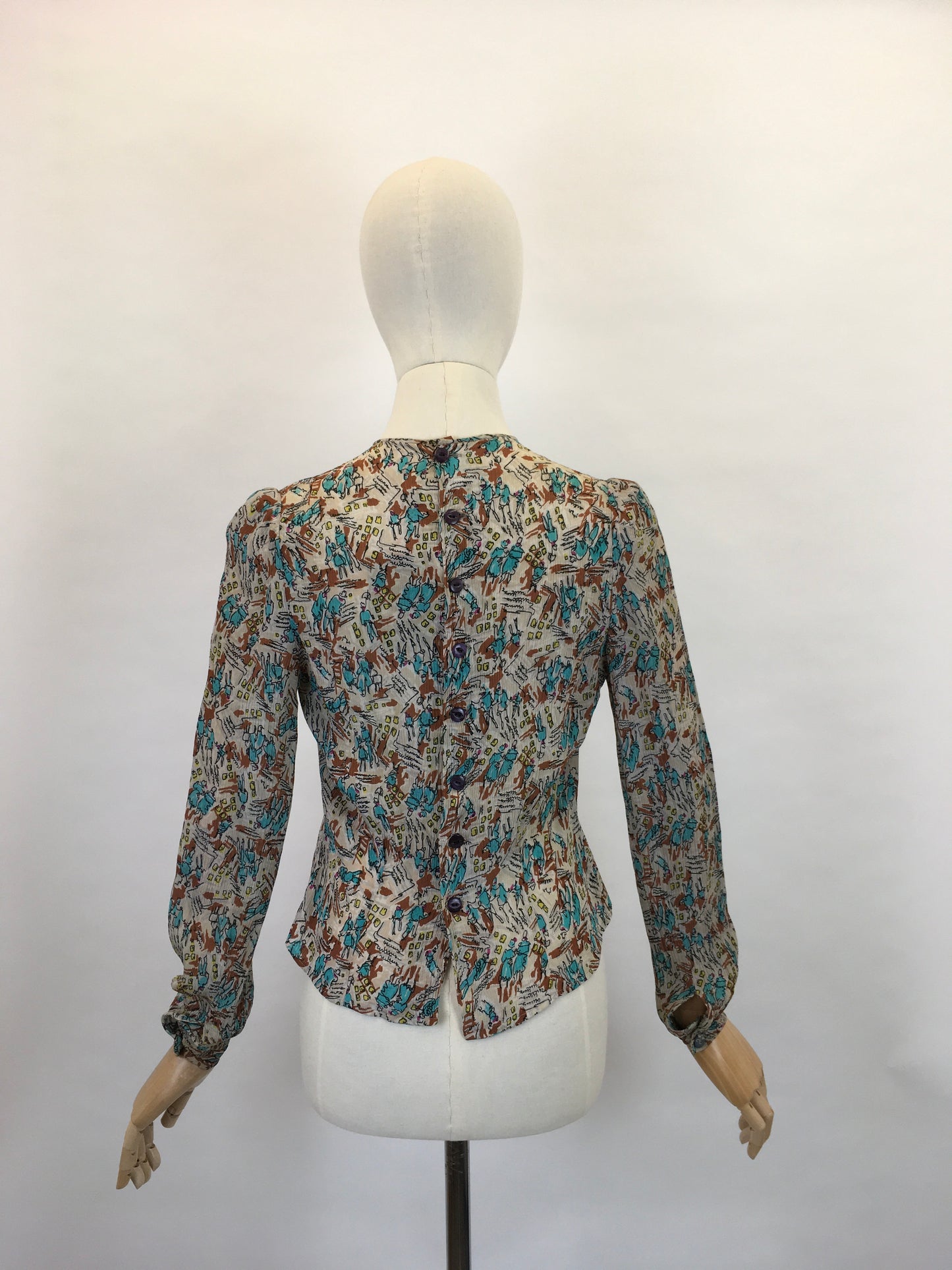 Original 1940’s ‘ Maxton’ Novelty Print Crepe Blouse - Featuring People, Buildings and Scribbles