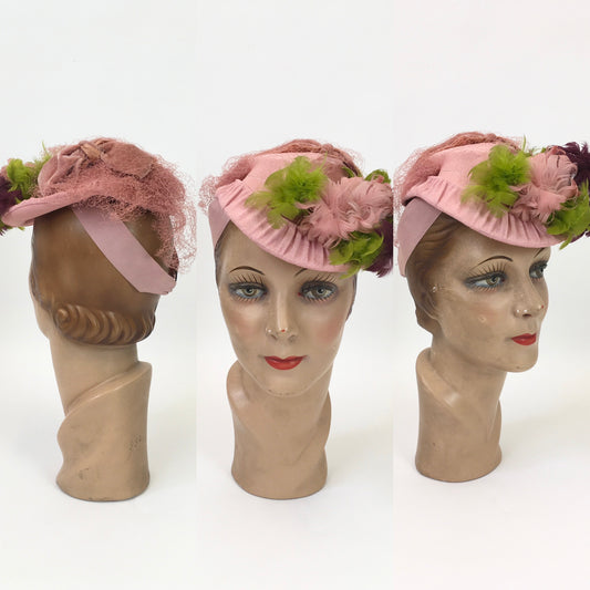 Original 1940's Sensational ' New York Creations Hat' - In Powdered Pink, Rich Wine and Zesty Lime