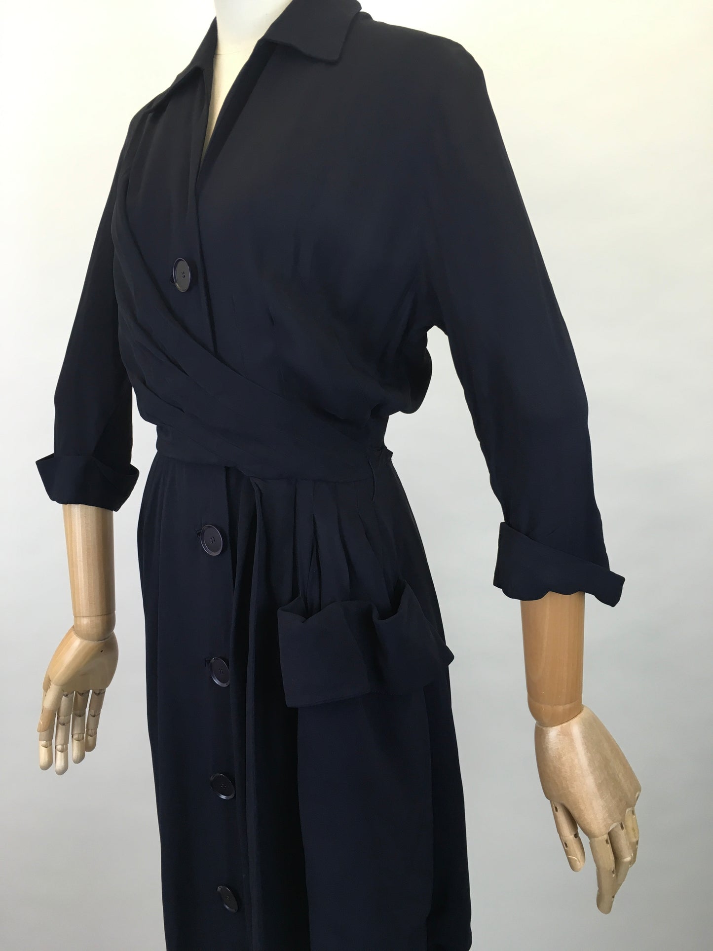 Original 1940s Stunning ‘ Herbert Stonheim ‘ Couture Dress - In a Navy Sheer Rayon with Wrap Hip Swag and Pocket