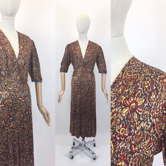 Original 1940’s STUNNING Rayon Jersey Dress AS IS - In Reds, Purples, Yellows & Navy