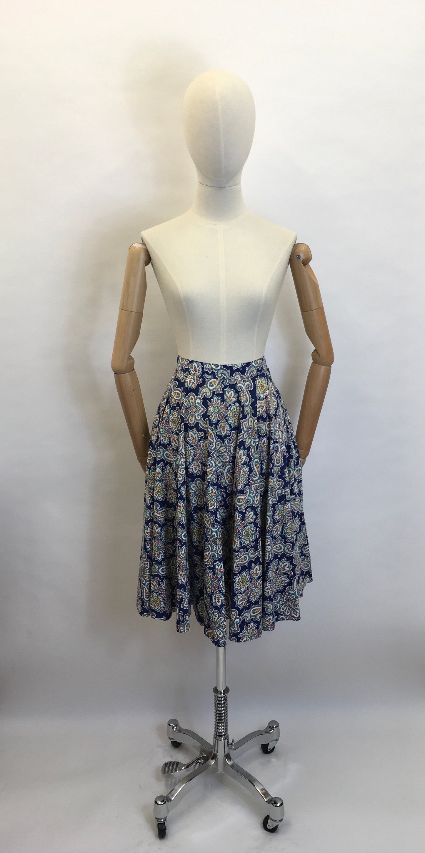 Original 1950's ' St. Michael' Cotton Skirt - Made From A Beautiful Paisley Floral in Blue