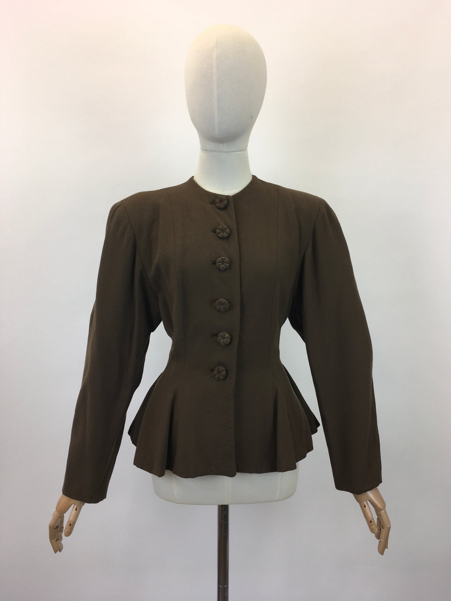 Original 1940's Stunning Crepe Jacket With Peplum - In Chocolate Brown with Flower Petal Buttons