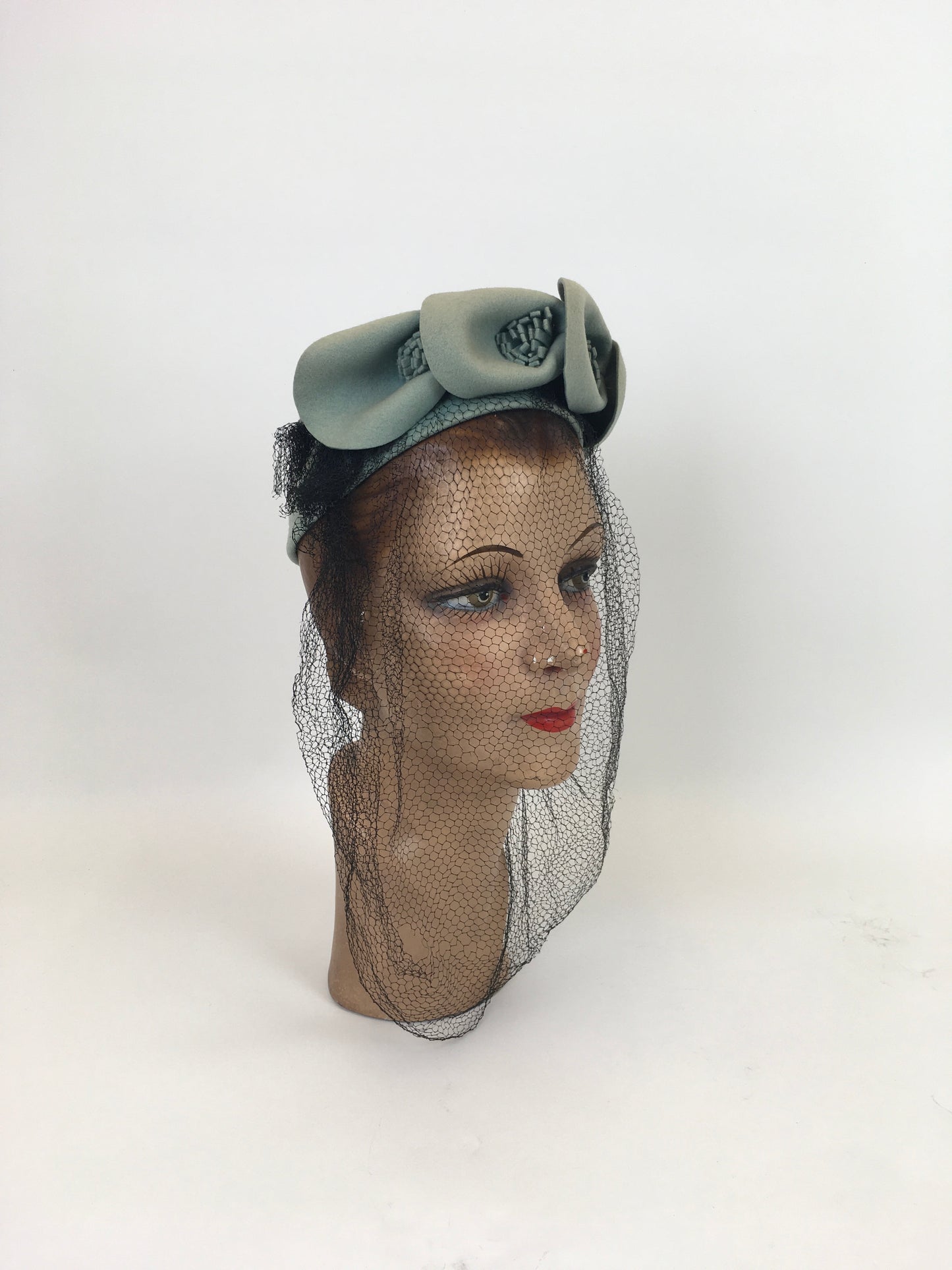 Original 1940’s Darling American Hat in Pale Duck Egg - With Flora Embellishments and Veiling