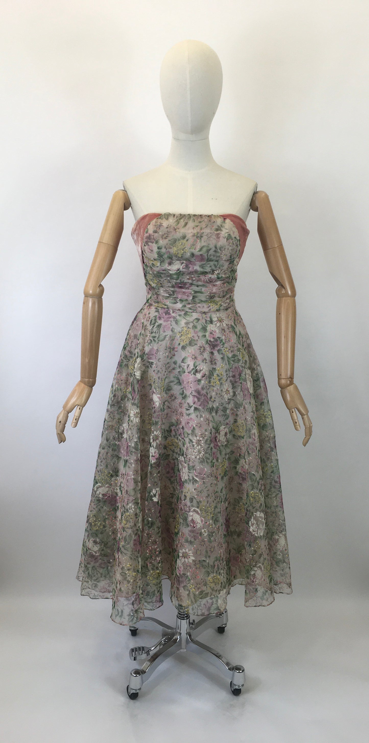 Original 1950's SENSATIONAL Floral Dress - By ' Sambo Fashions' with Boning and Velvet Trim