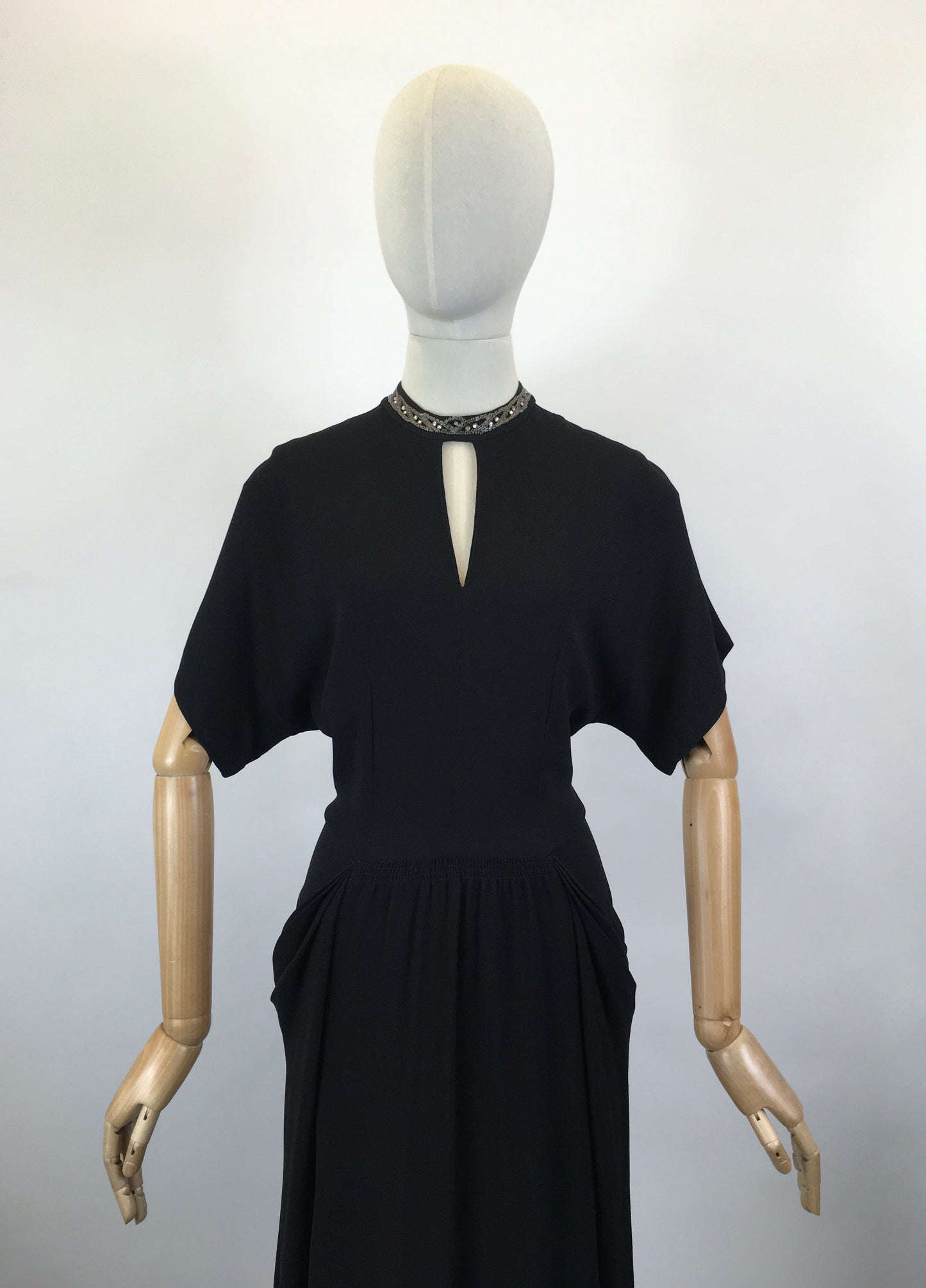 Original 1940’s CC41 Utility Black Crepe Dress - With Keyhole Neckline and Beadwork