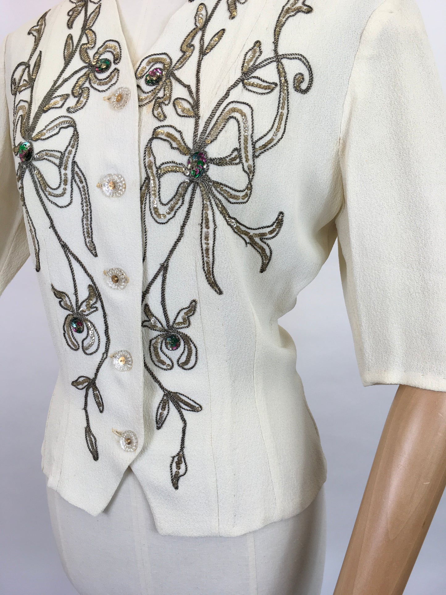 Original 1940s STUNNING Ivory Crepe Blouse - With Beaded And Sequinned Embellishment