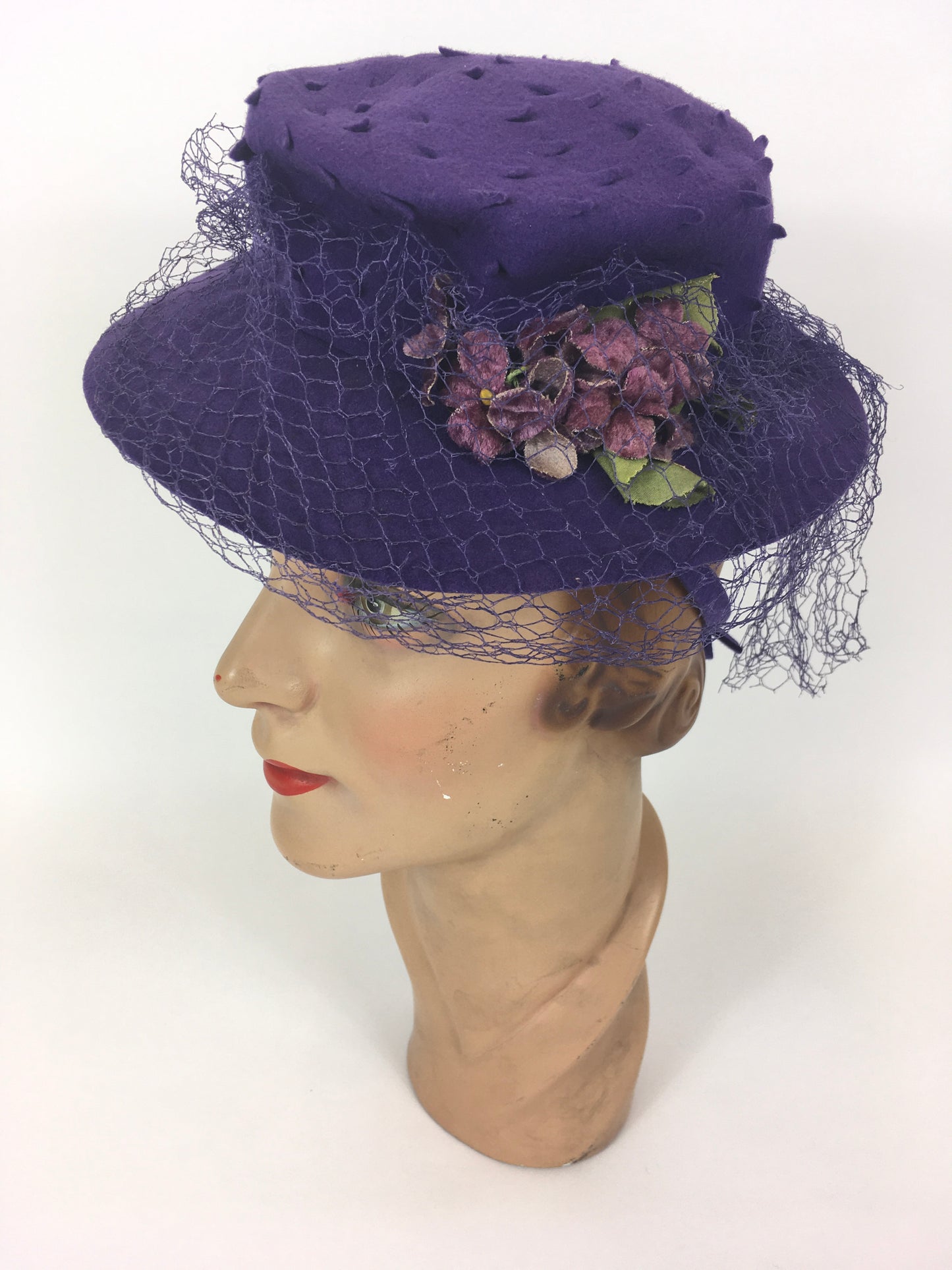 Original 1940’s SENSATIONAL Cadbury Purple Felt Topper Hat - With Cutwork Detailing, Millinery Flowers and Veiling