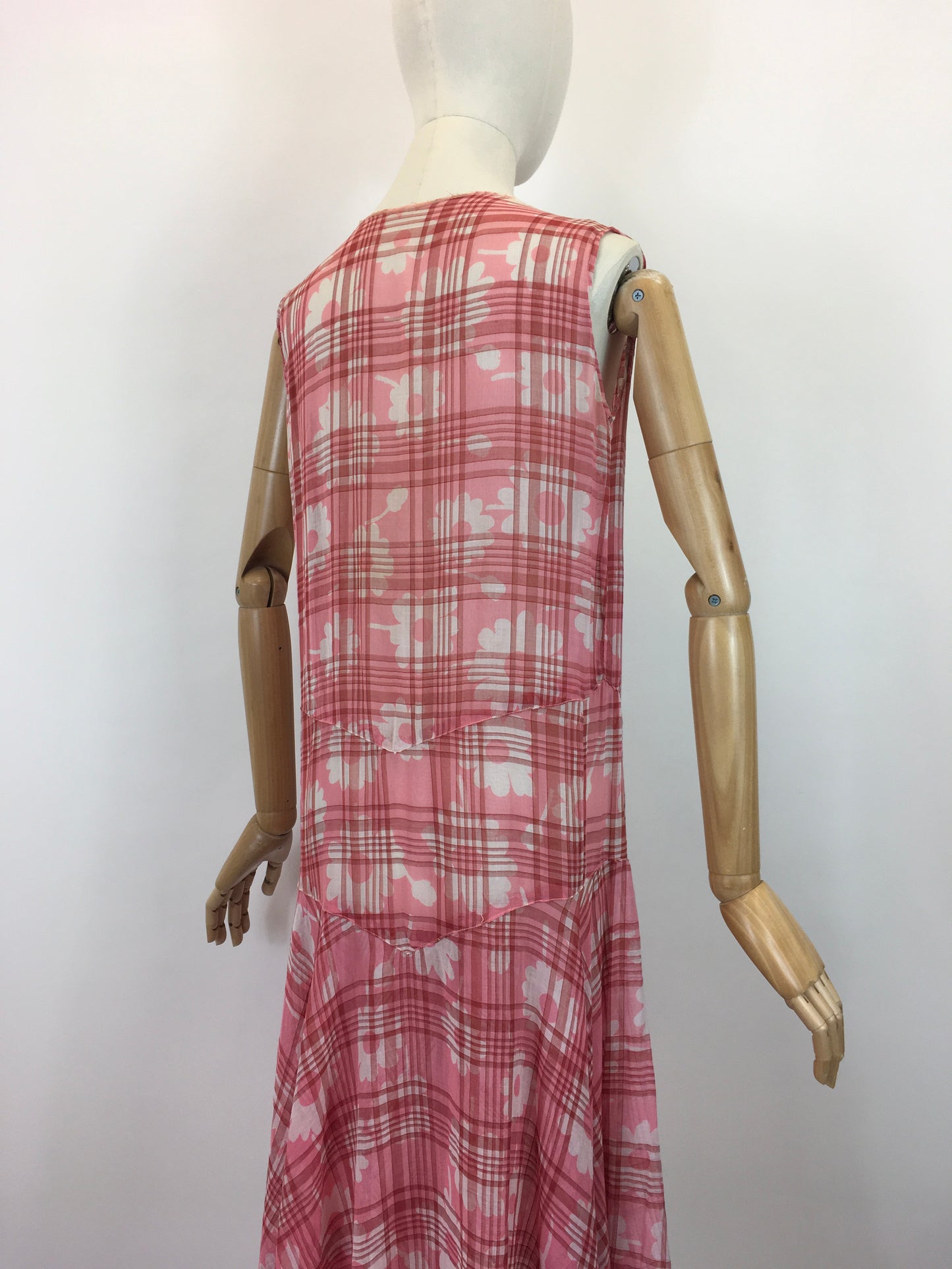 Original 1920's Darling Cotton Lawn Day Dress - In A Rose Pink Floral and Plaid Cloth