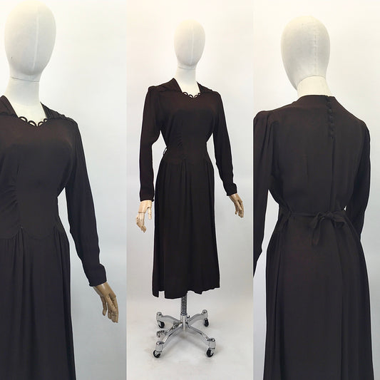 Original 1940's Sublime ' Mary Browne' CC41 Crepe Dress - In A Warming Brown with Roulette Loop Detailing