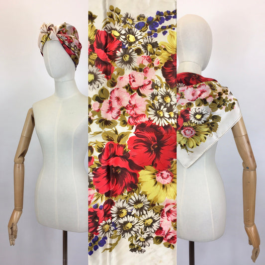 Original 1950’s Silk Floral Scarf - In A Summertime Bright Colour Palette