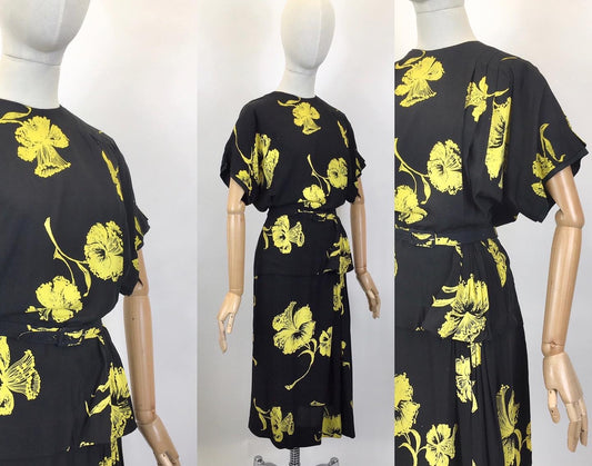 Original 1940’s Sensational Black & Yellow Dress by ‘ Paul Sachs ‘ - With Stunning Hip Swag & Peplum Details