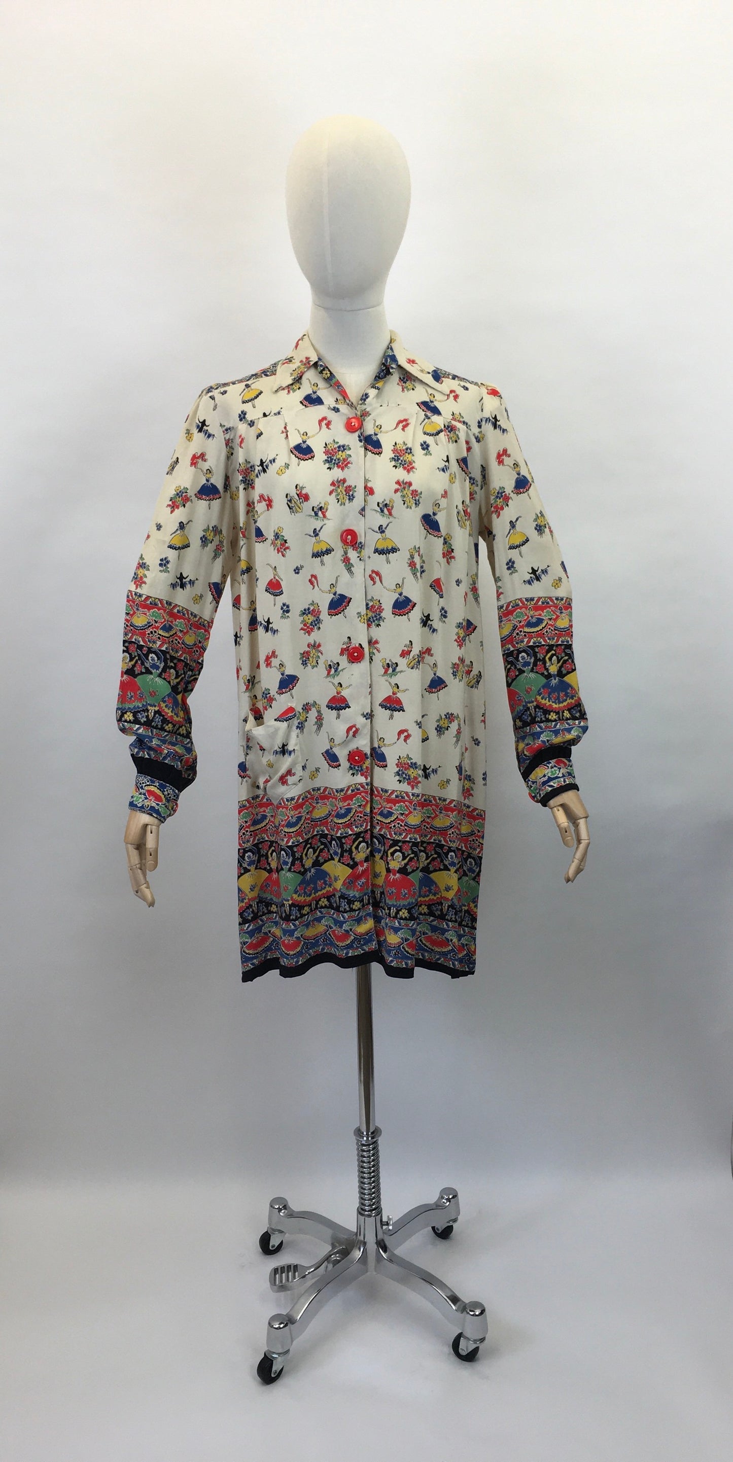 Original 1940s CC41 St. Michael Novelty Print Smock - In Fabulous Dancer Print in Bright Primary Colours
