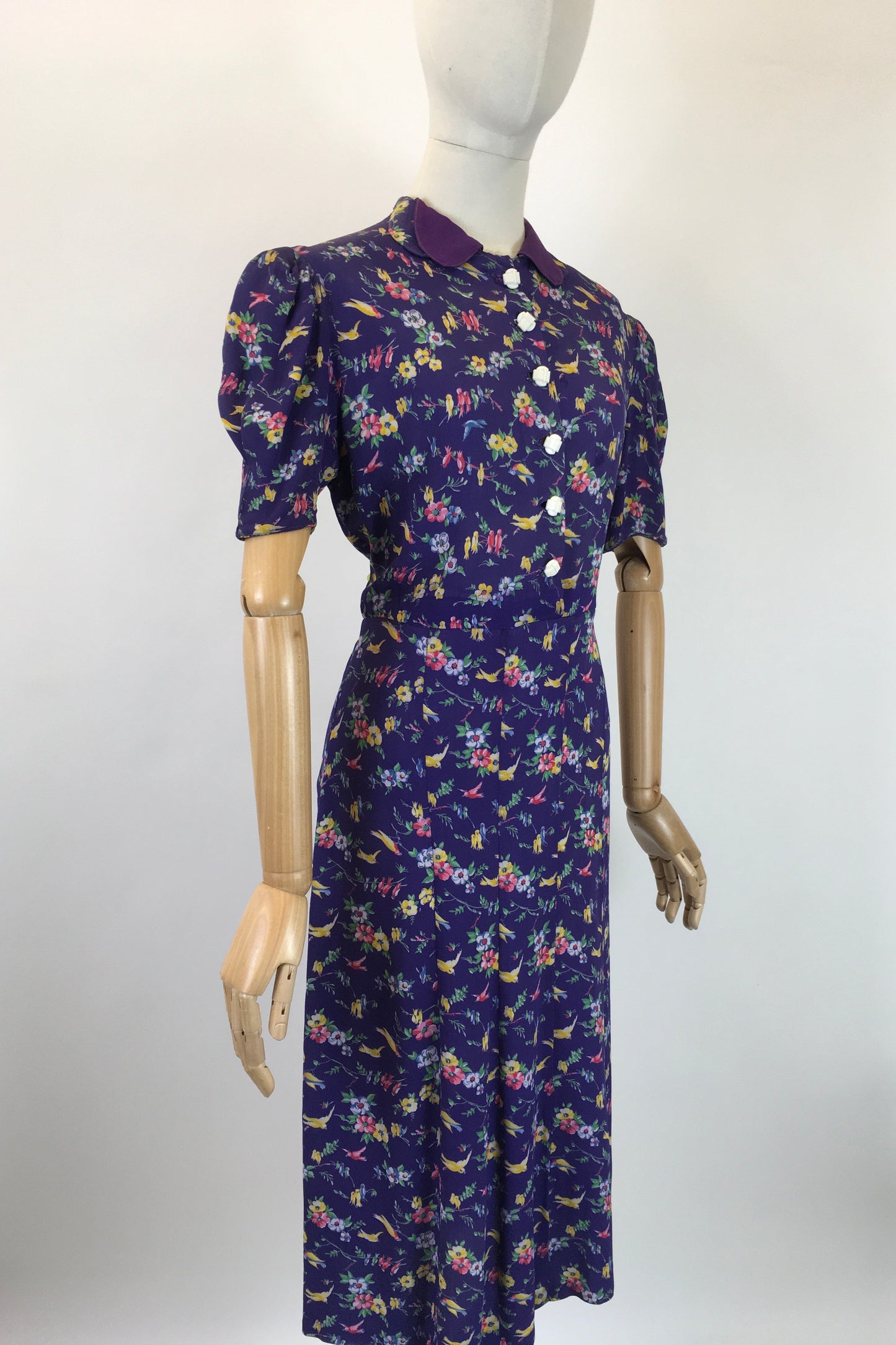 Original 1940s AS IS Novelty Print Crepe Dress - With Birds And Flowers in Rainbow colours