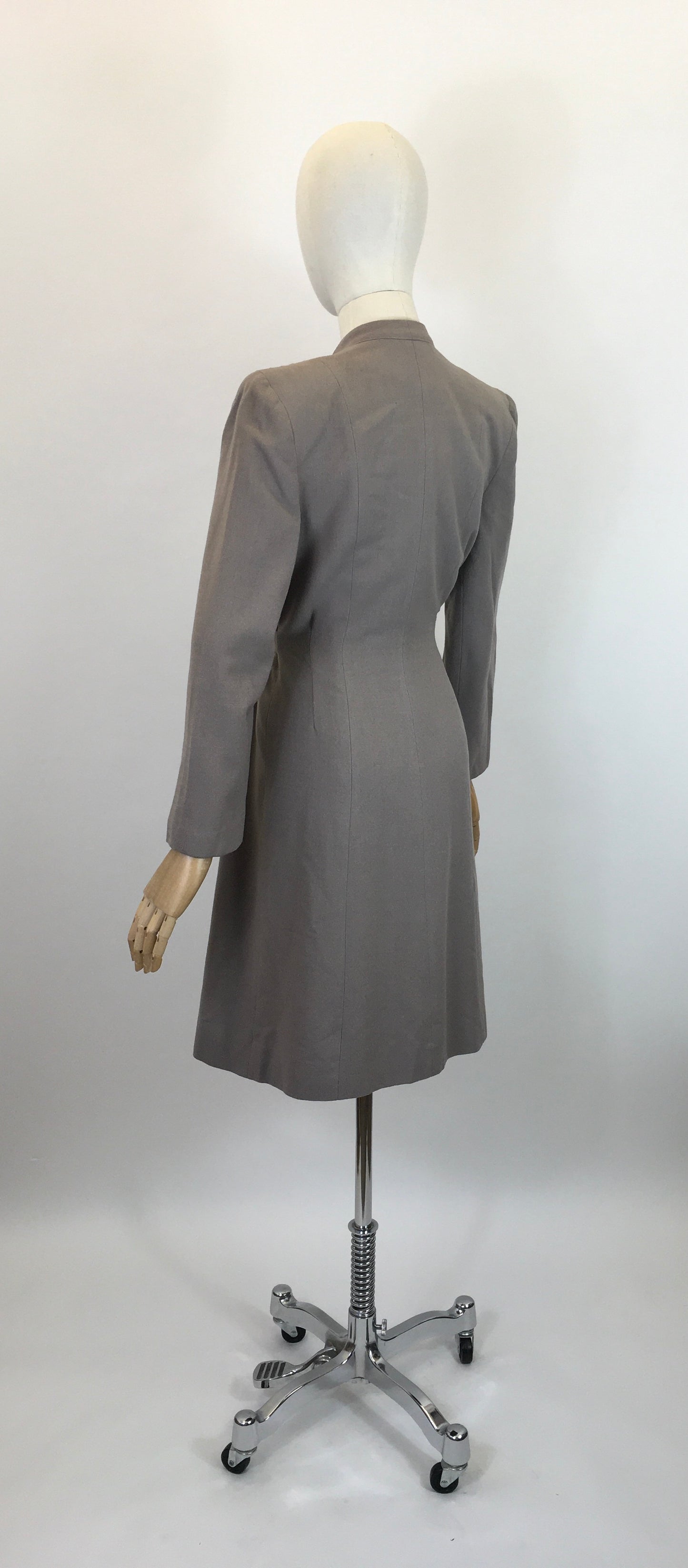 Original 1940's Sensational Woollen Crepe Coat - In Powdered Grey With Crewelwork Details