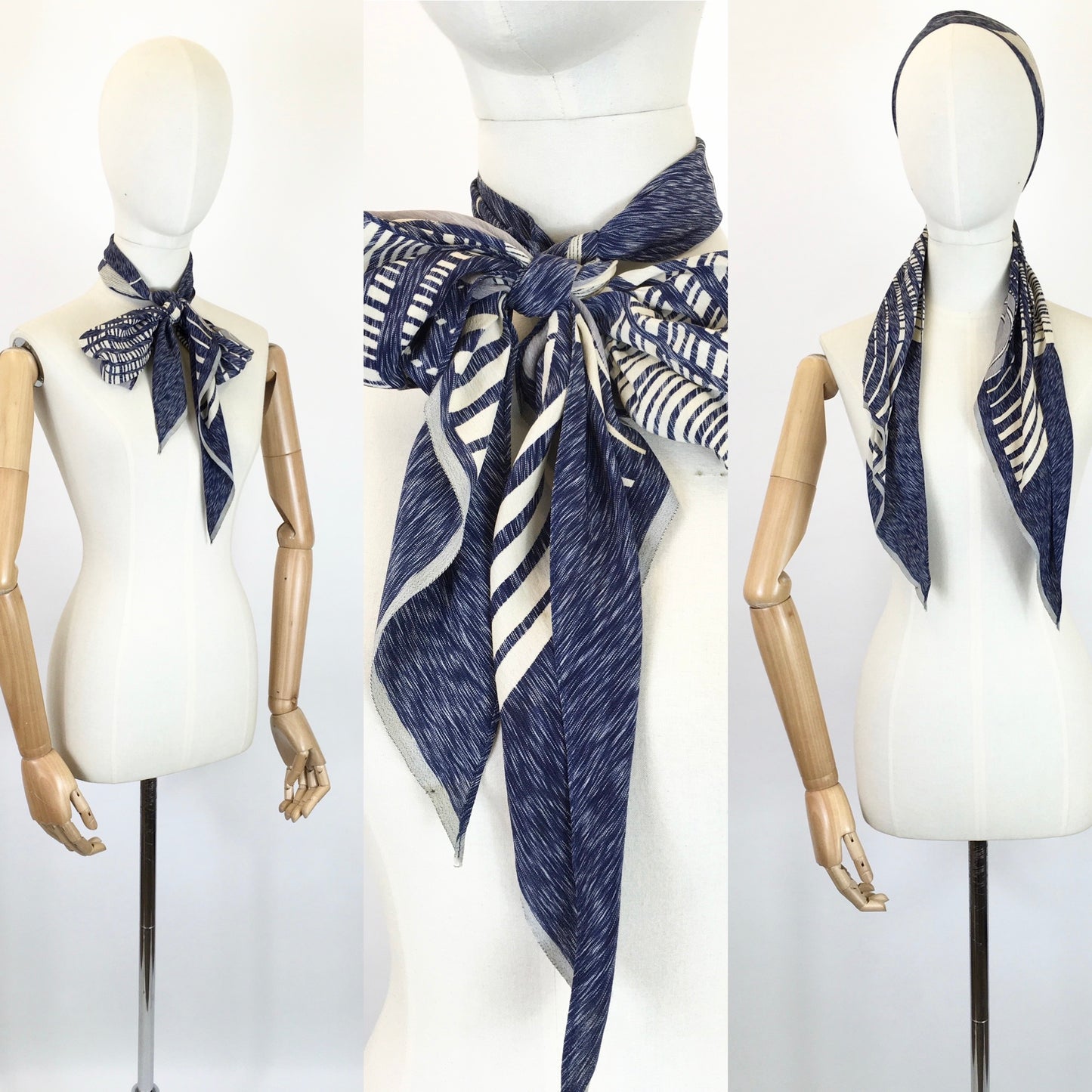 Original 1930s Darling Deco Pointed Scarf  - In Navy & Cream