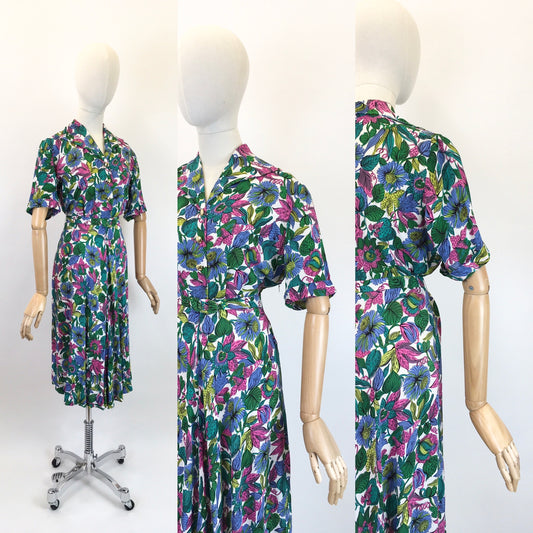 Original 1940's Sensational Floral Rayon Dress - In Fabulous Pops of Greens, Blue, Fuchsia, Chartreuse and Purple