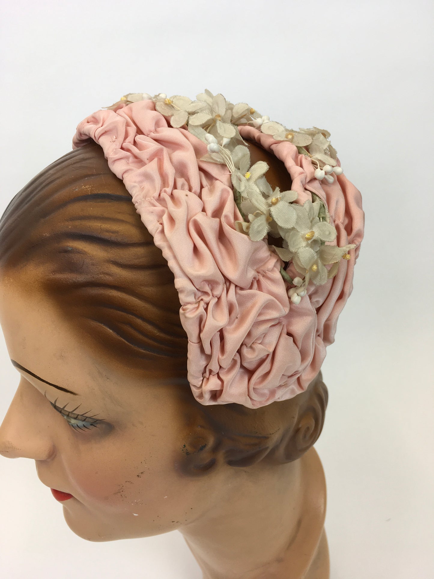 Original 1950s Pink Ruched Headpiece - Adorned with Beautiful Delicate Ivory Florals
