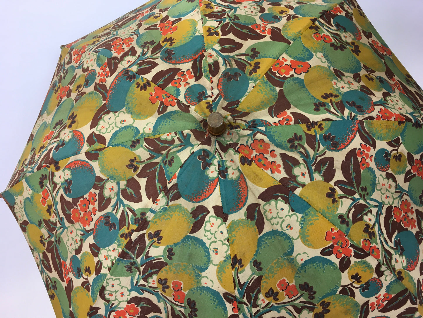 Original 1930s Sun Parasol in a Stunning Floral and Fruit Cotton - In Deco Oranges, Greens, Chartreuse and Teal