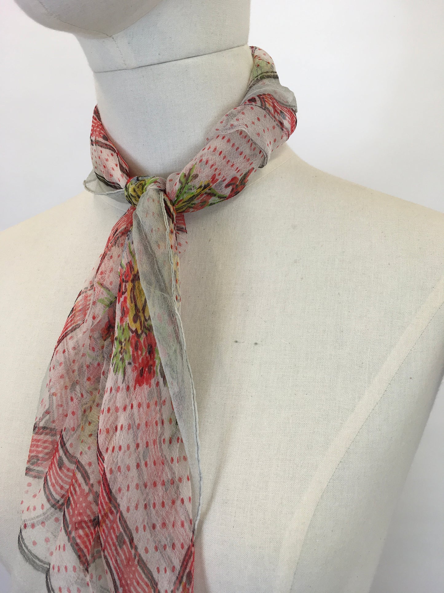 Original Early 1950’s Floral Chiffon Scarf - In Dainty Reds, Yellows, Greens and Blues