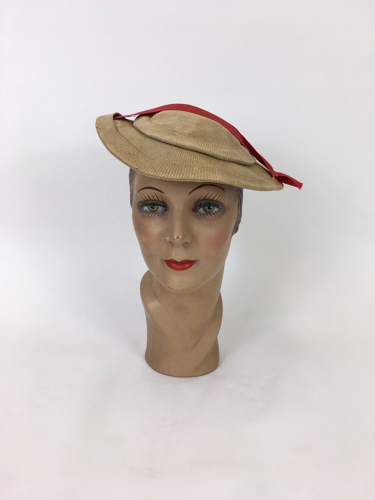 Original 1930's Stunning Natural Straw Cloth Hat - With Zesty Orange Grosgrain Trim