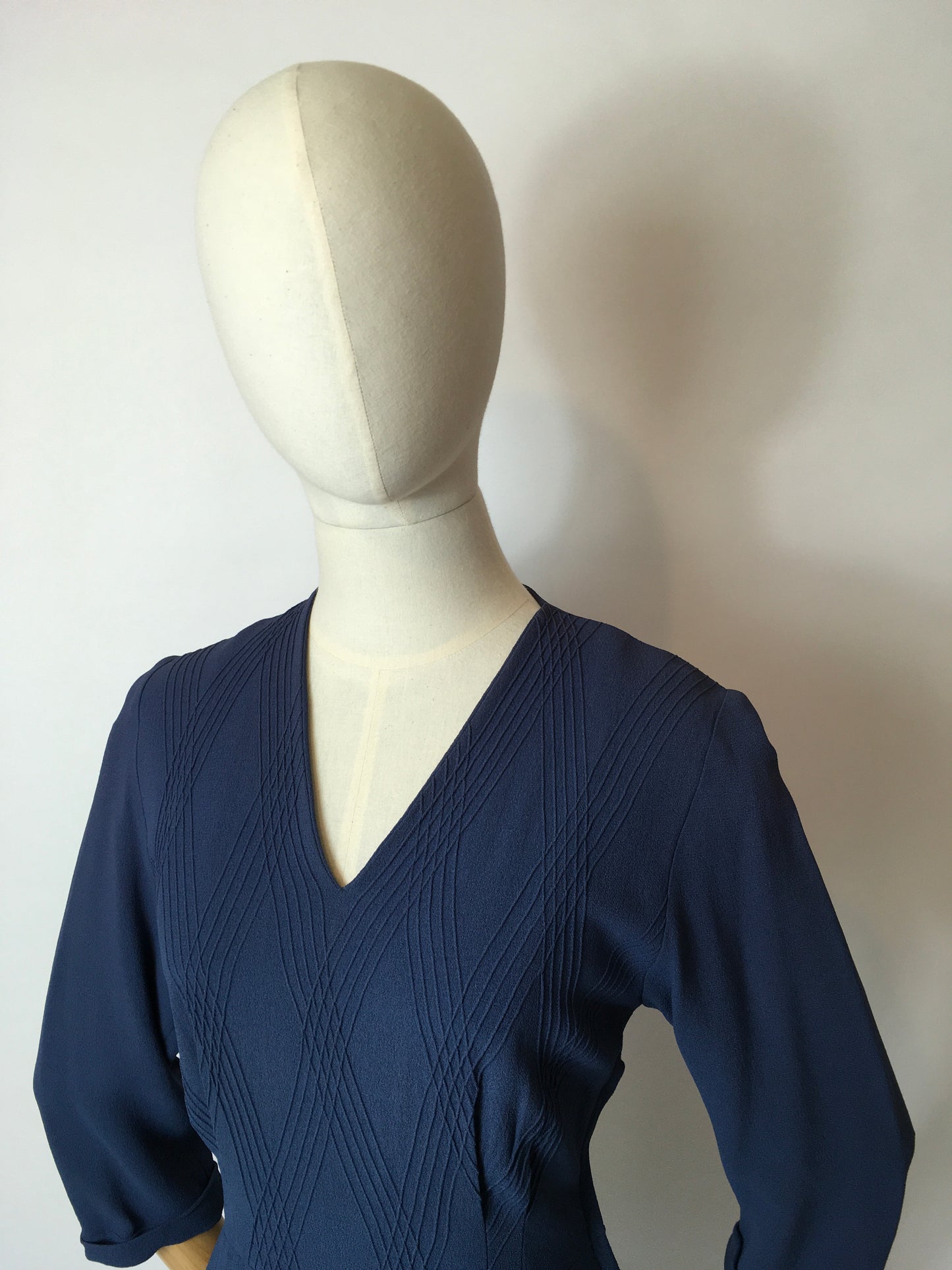 Original 1940’s Airforce Blue Crepe Day Dress - Lovely Criss Cross Detailing to the Bodice