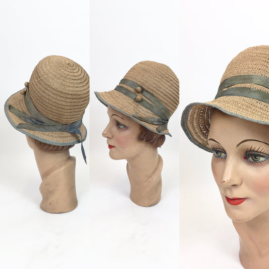 Original 1920's Sublime Natural Sisal Cloche - With Duck Egg Blue Trim and Wooden Ball Embellishment