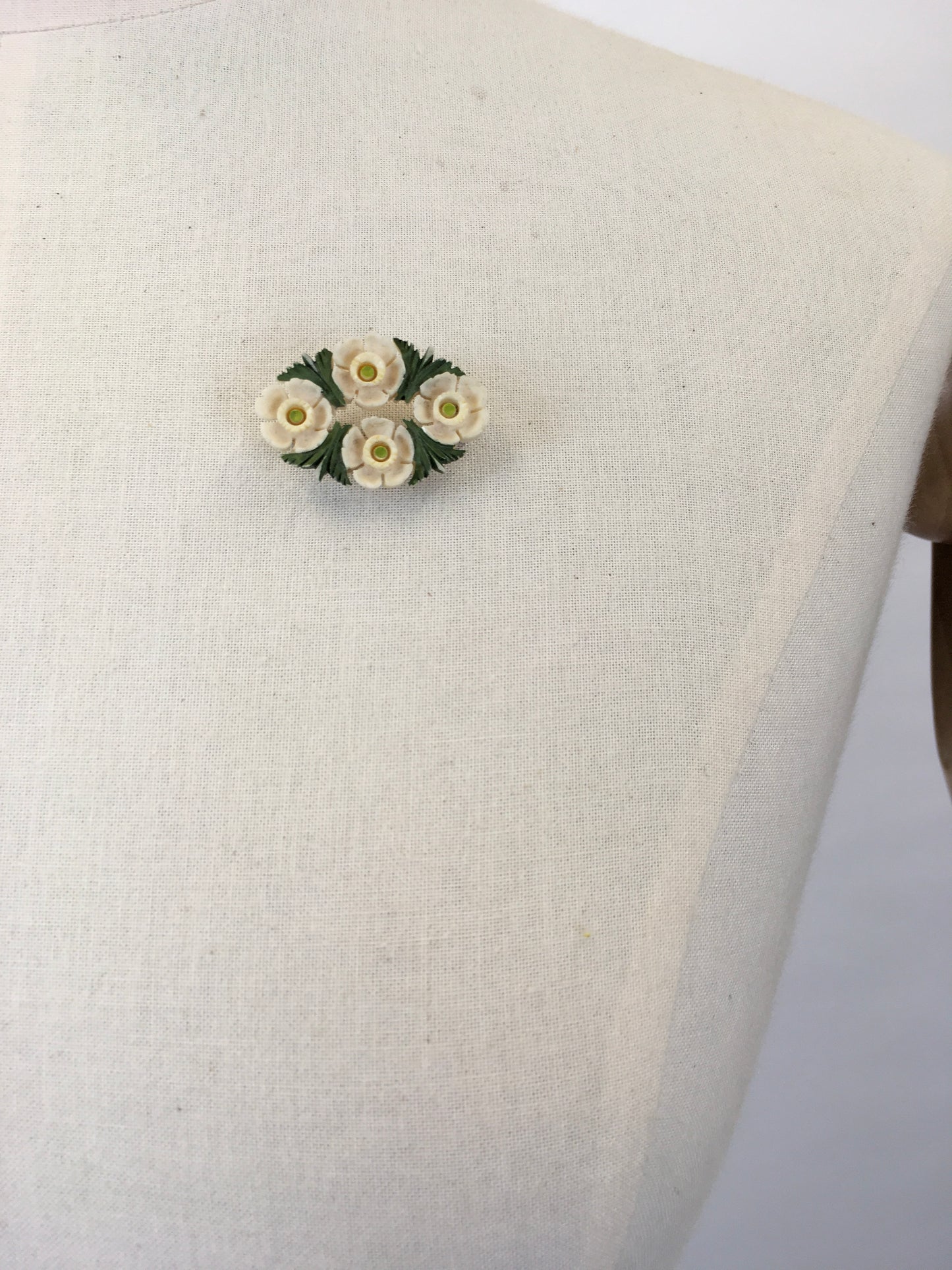 Original 1940s Celluloid Floral Brooch - In Soft White and Green