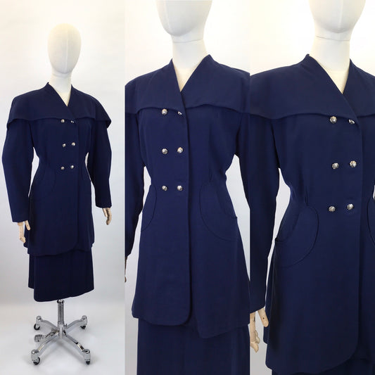 Original 1940s STUNNING Navy 2 pc Suit - With PHENOMENAL Long Line Silhouette and Cape Style Overlay