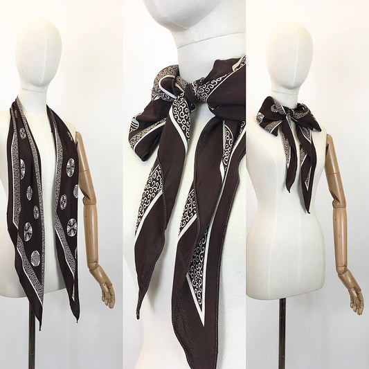 Original 1930's / 1940's Rayon Silk Deco Scarf - In A Chocolate Brown and Off White