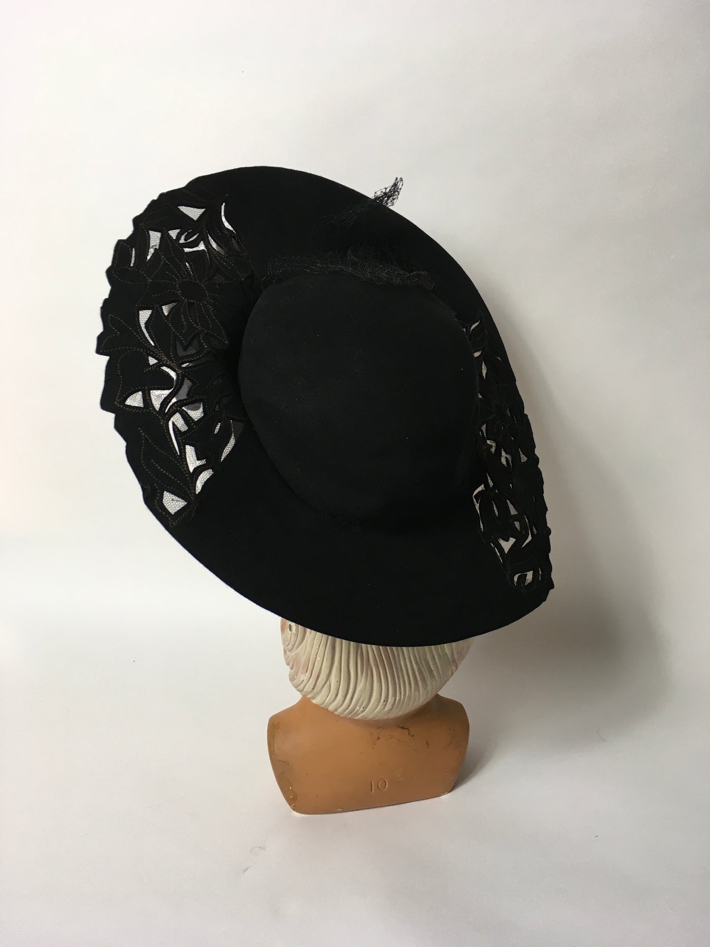 Original 1940’s Black Halo Hat - Illusion cutwork detailing and Floral Adornment