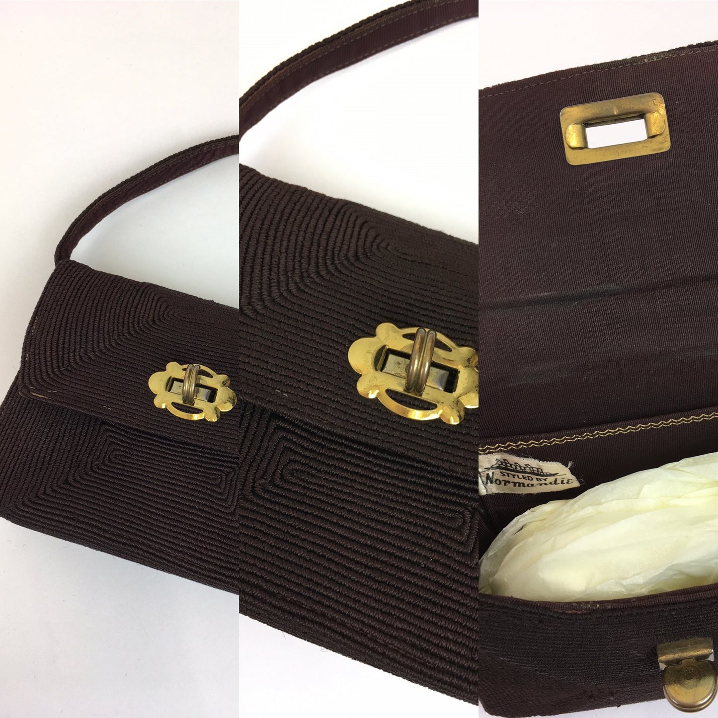 Original 1940s Warm Brown Corde Bag - ‘ Styled By Normandic ‘ with Brass Detailing