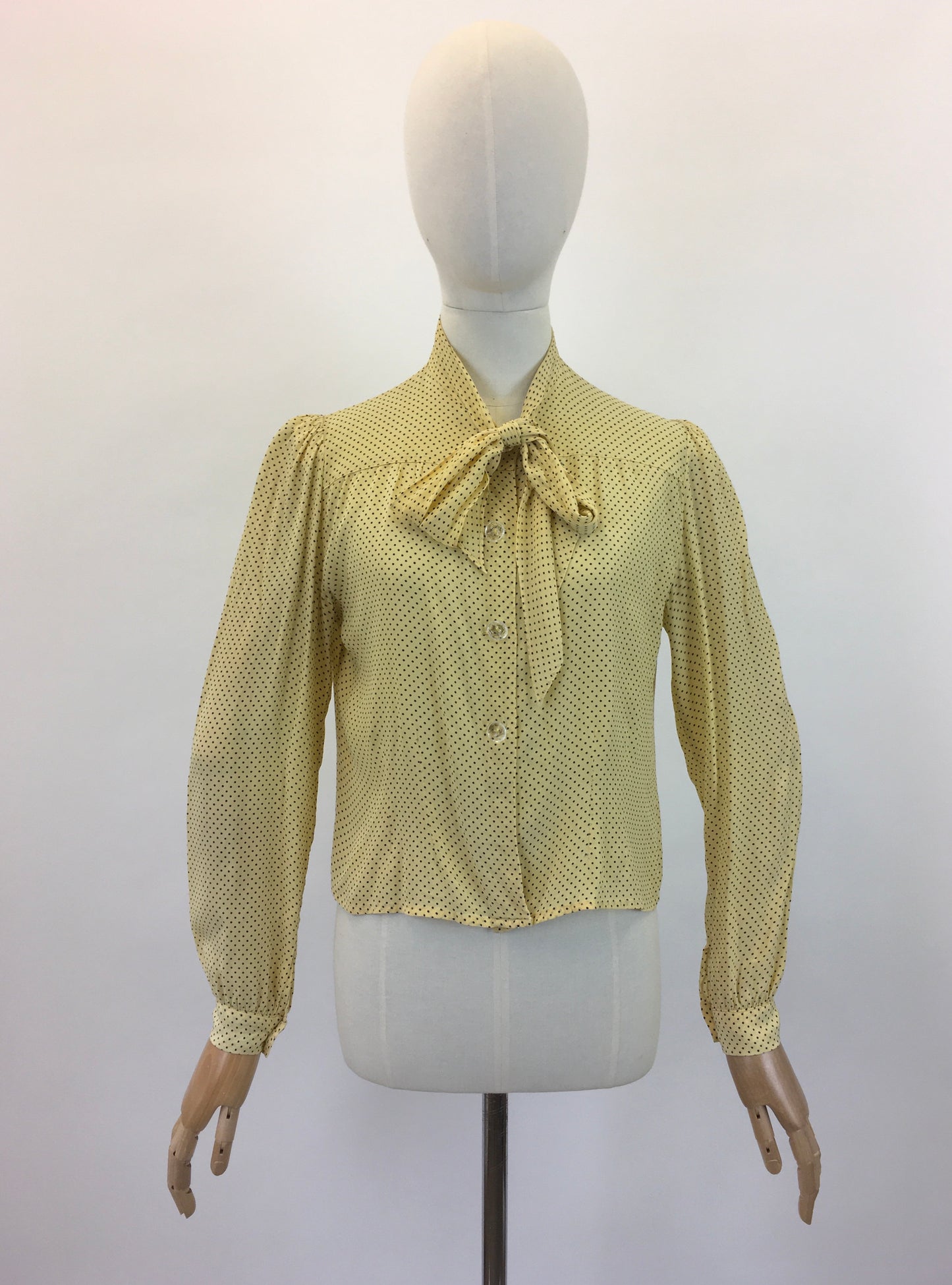 Original 1940's Darling Pussy Bow Blouse - In A Delightful Yellow Polka Dot Crepe