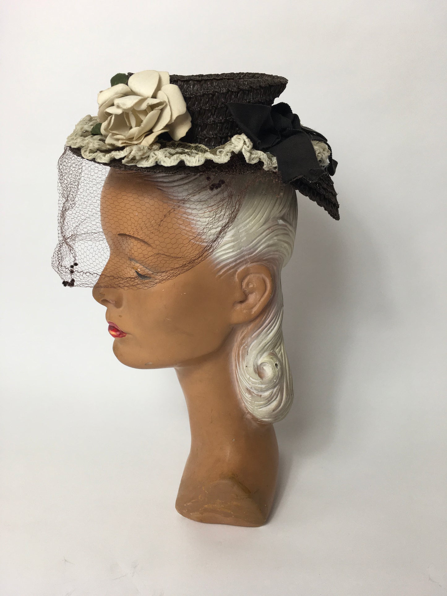 Original Late 1930’s Raffia Tilt Hat with Cream Floral Adornment and Veiling - Festival of Vintage Fashion Show Exclusive