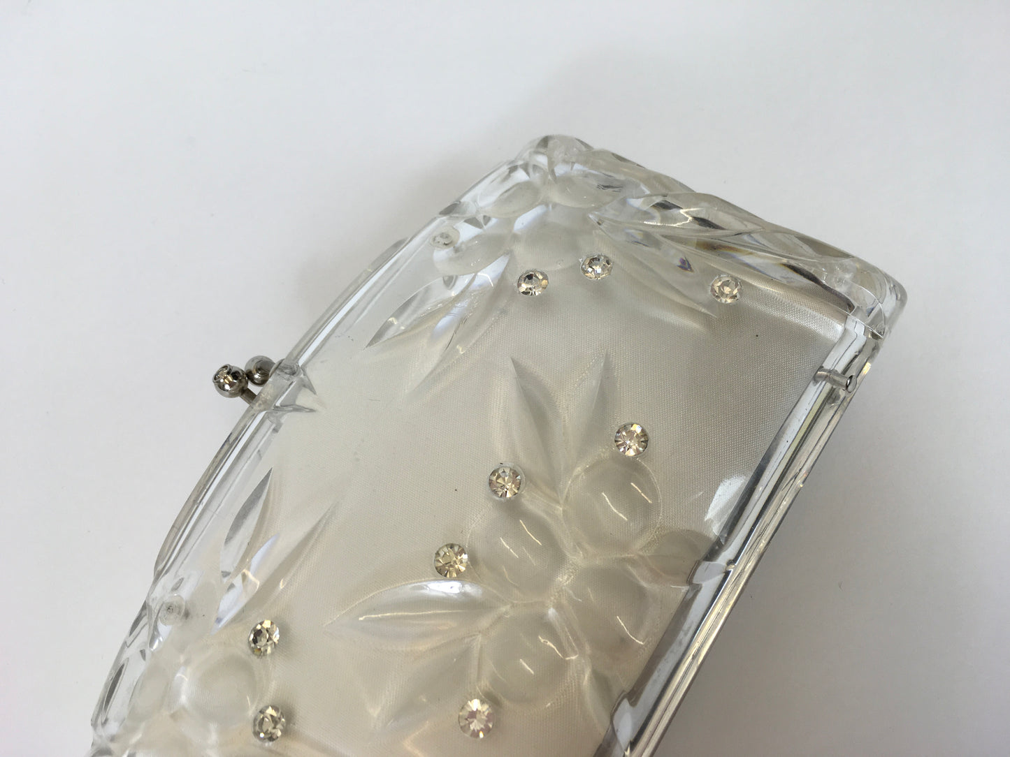 Original 1950’s Clear Lucite Clutch Bag - With Carved Floral And Rhinestone Embellishments