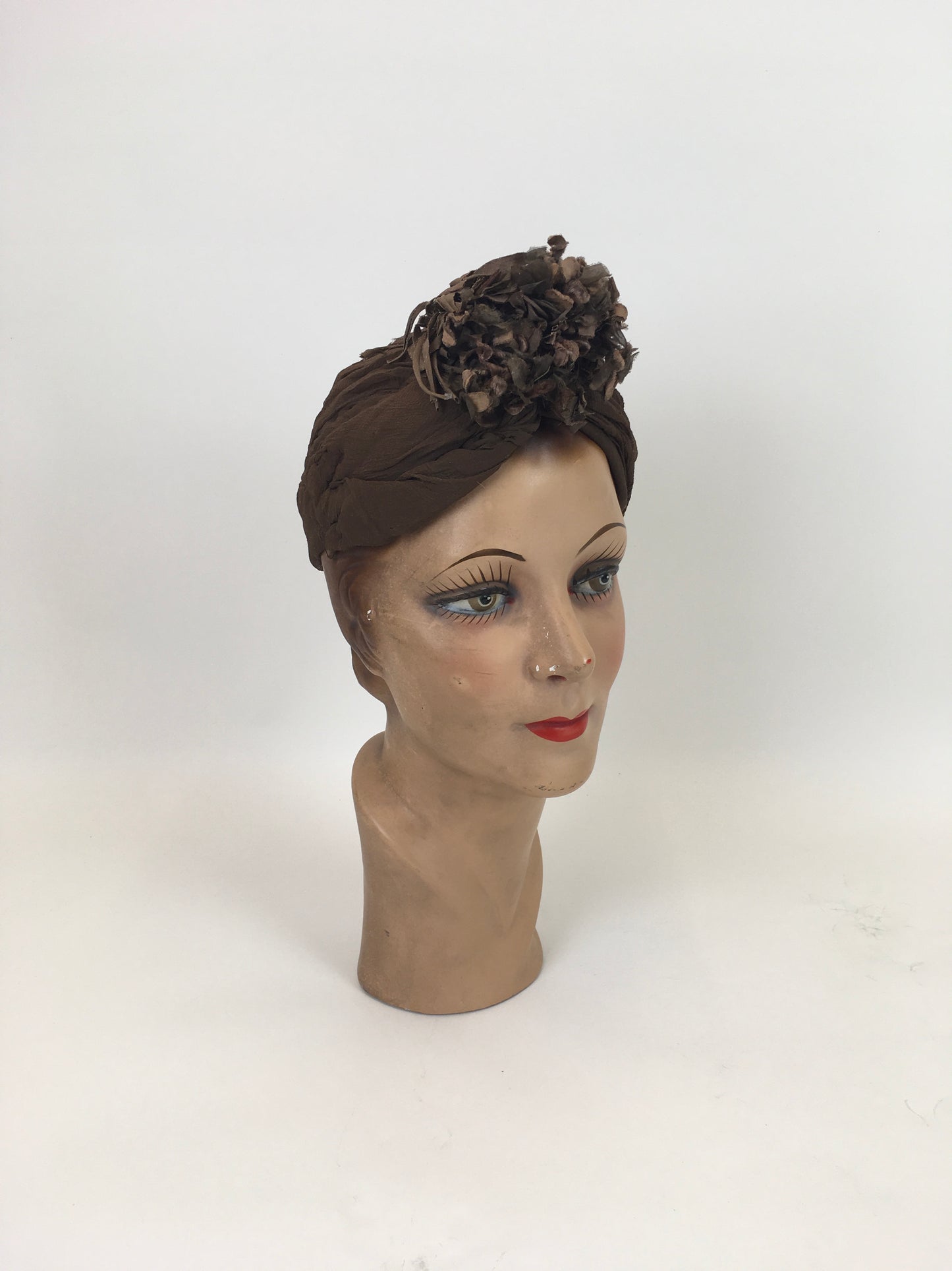 Original 1940’s Fabulous Turban Hat by ‘ Harrods’ - In Chocolate Brown Chiffon with Velvet Millinery