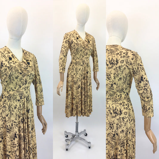 Original 1940’s Stunning Rayon Jersey Dress by ‘ Wolsey’ - In A Soft Corn with Black Print