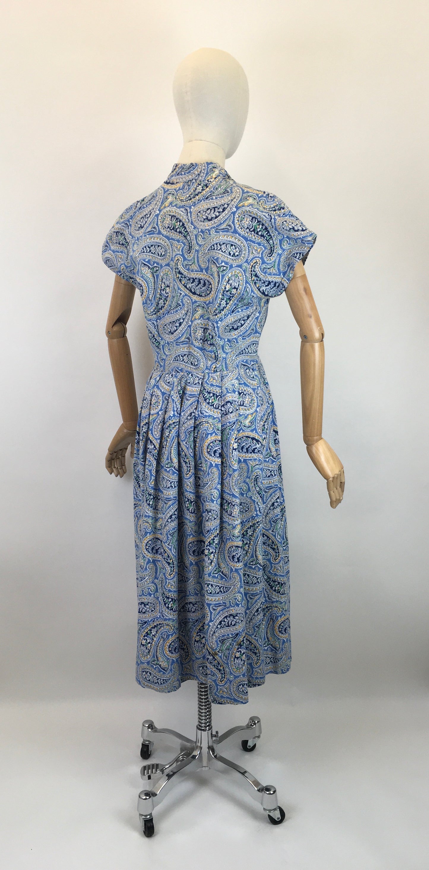 Original Late 1940’s Early 1950’s Cotton Day Dress - In A Paisley Print in Powder Blue, Navy, Yellow and Bottle Green