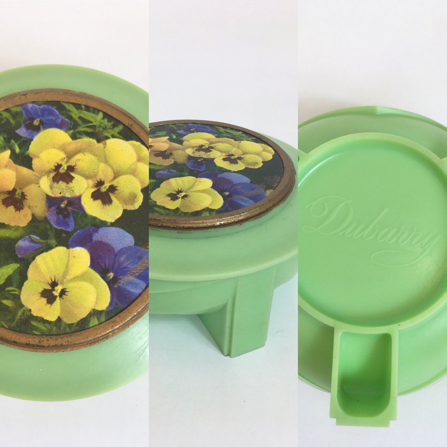 Original Late 1940’s Early 1950’s ‘ Du Barry’ Powder Pot - In Deco Mint Green with Pansy Posies Adornment