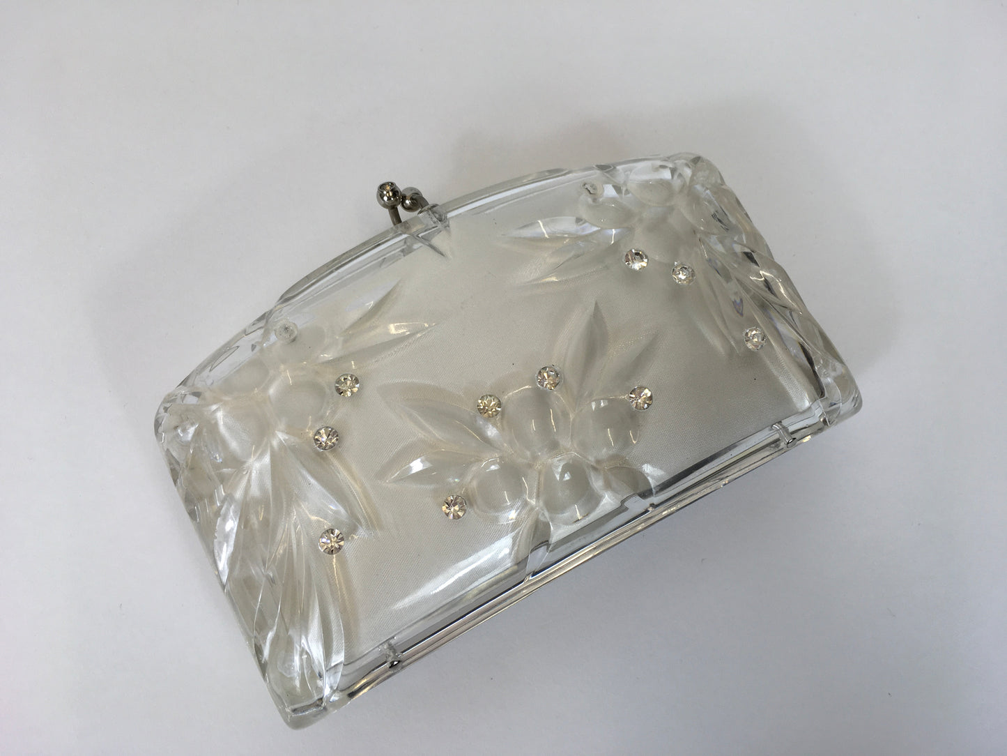 Original 1950’s Clear Lucite Clutch Bag - With Carved Floral And Rhinestone Embellishments