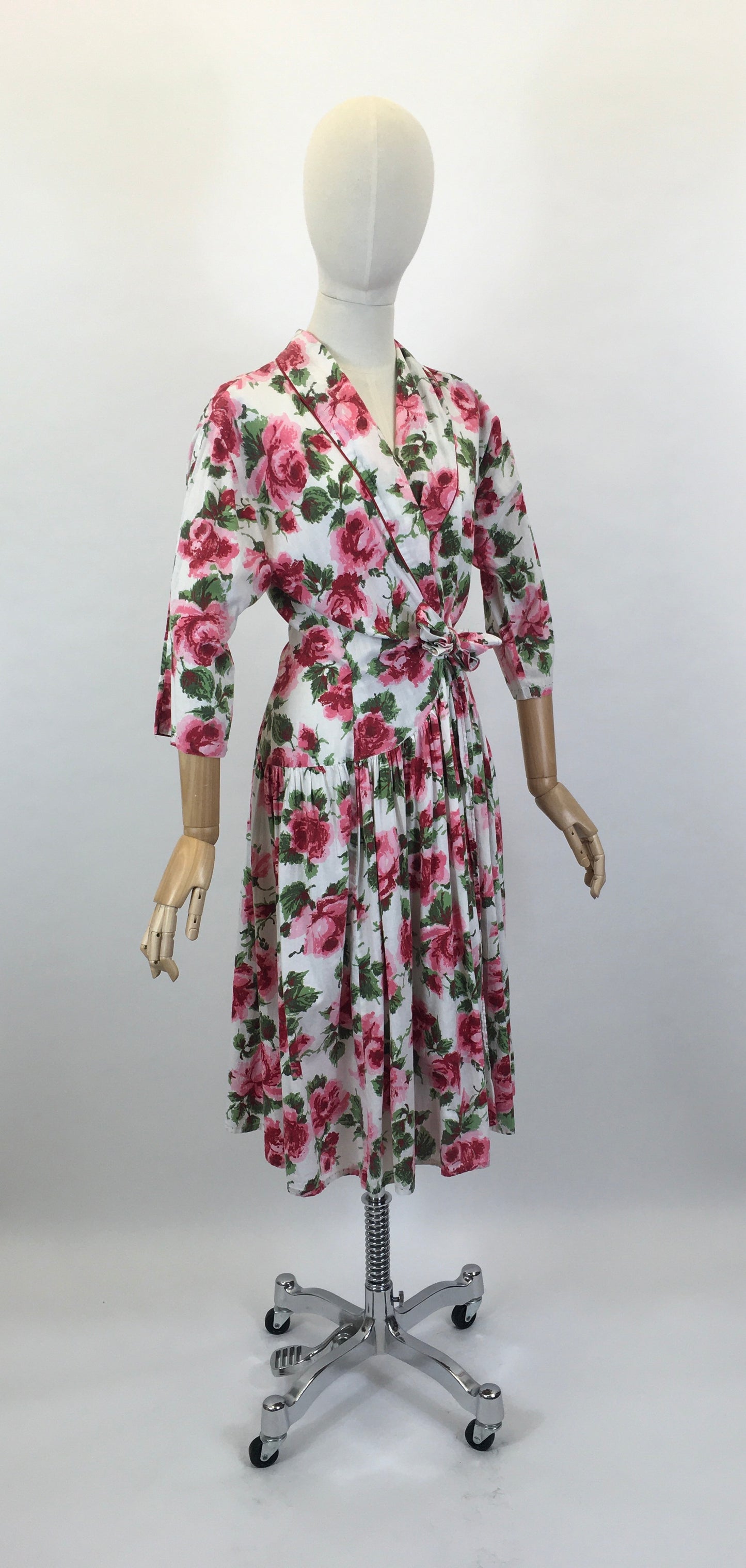 Original 1950’s Darling Wraparound House Dress in A Pink Rose Print - ‘ A Kitchen Formal ‘