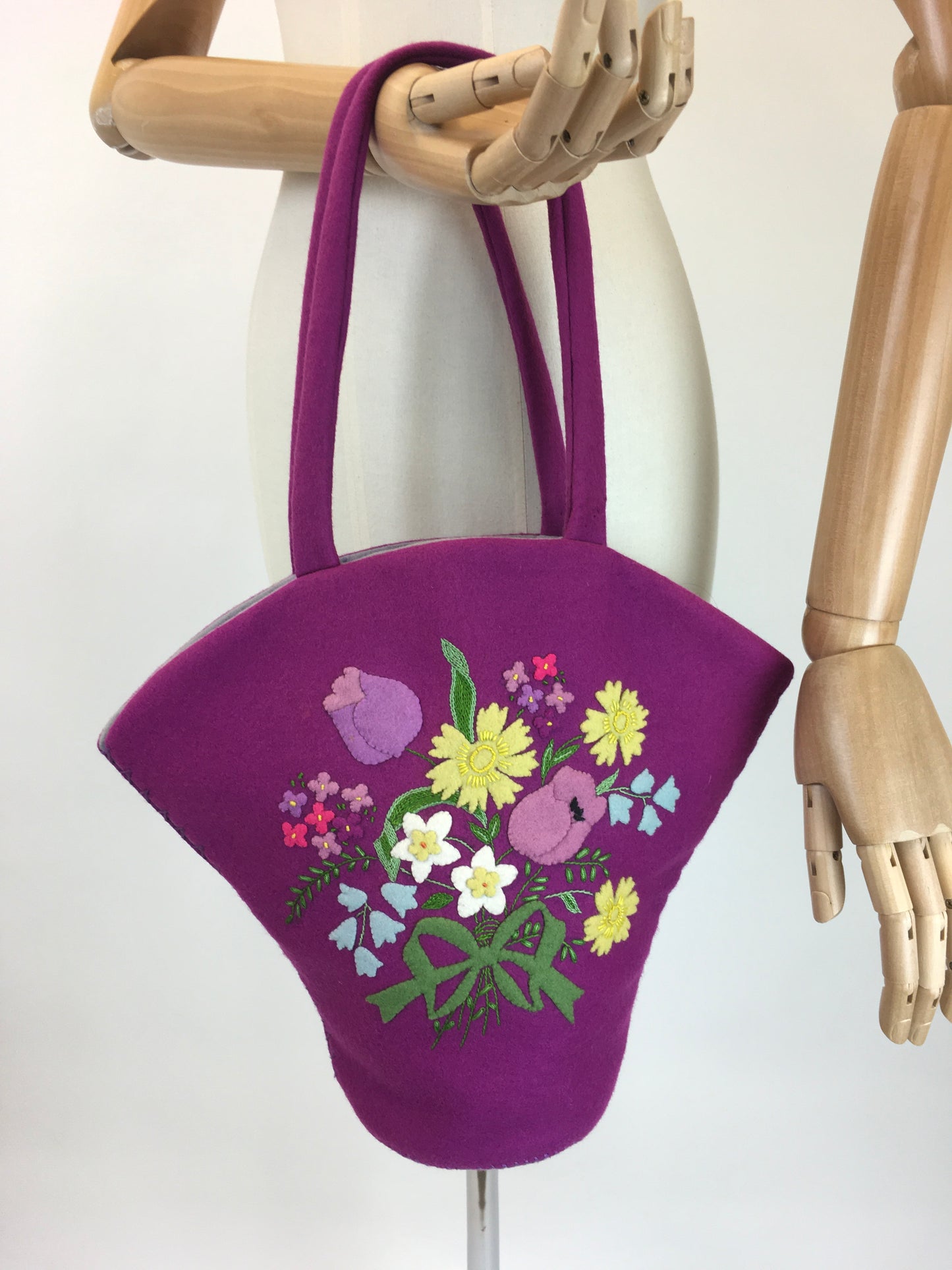 Original 1940’s Make Do and Mend Bucket Bag - Beautiful Floral Embellishments