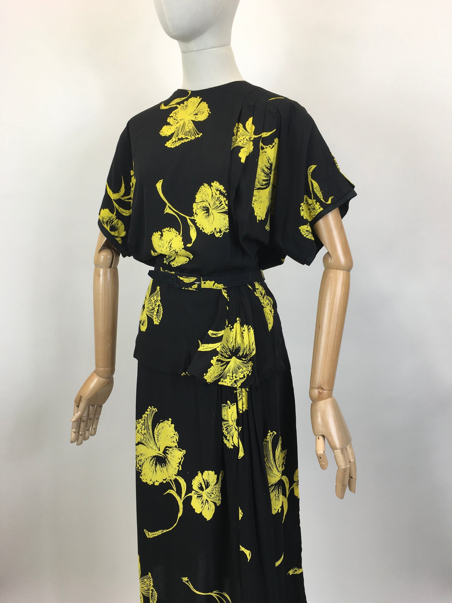Original 1940’s Sensational Black & Yellow Dress by ‘ Paul Sachs ‘ - With Stunning Hip Swag & Peplum Details