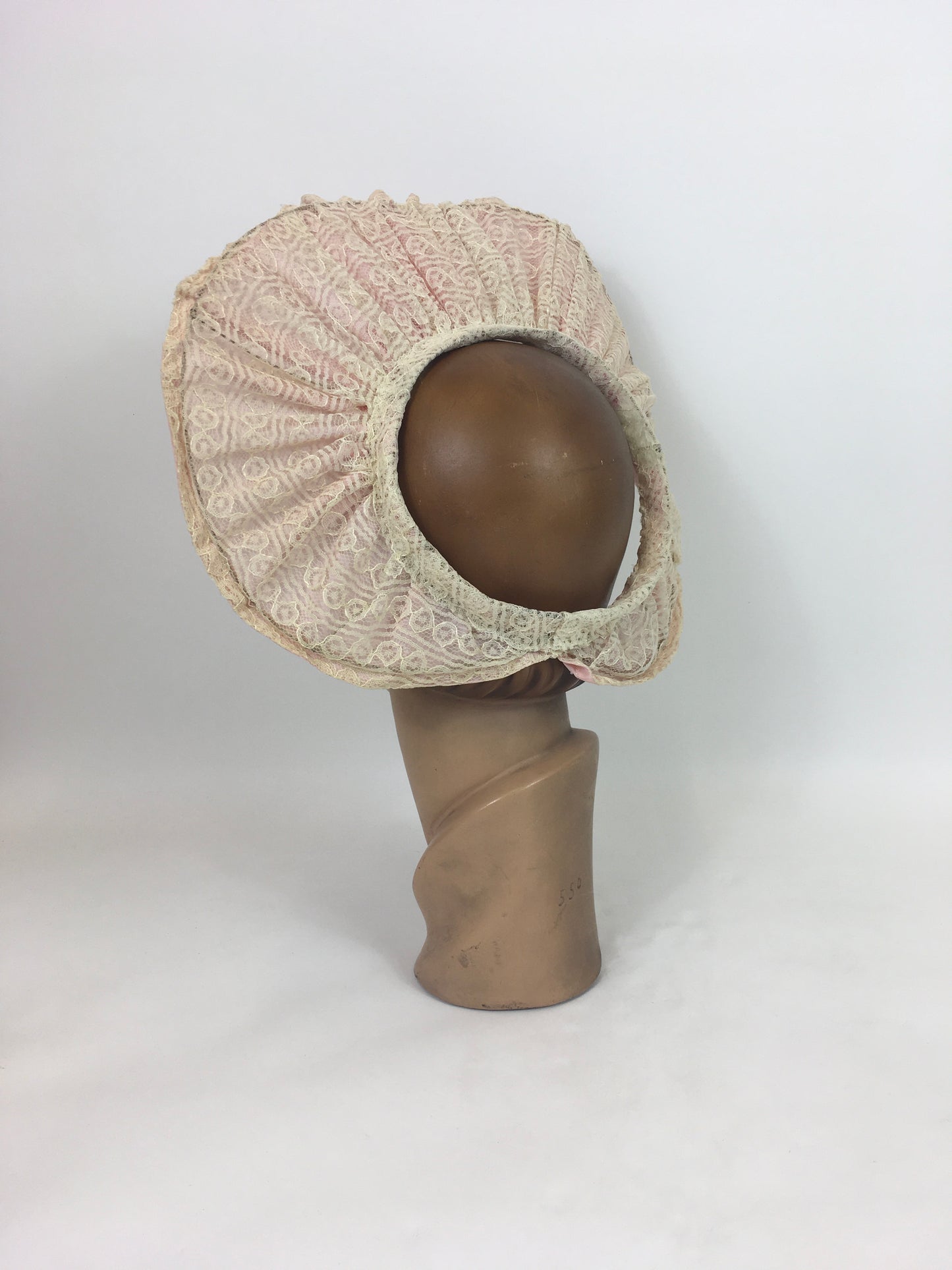 Original 1940's Open Crown Halo Hat - In Soft Rosebud Pink with Lace Overlay