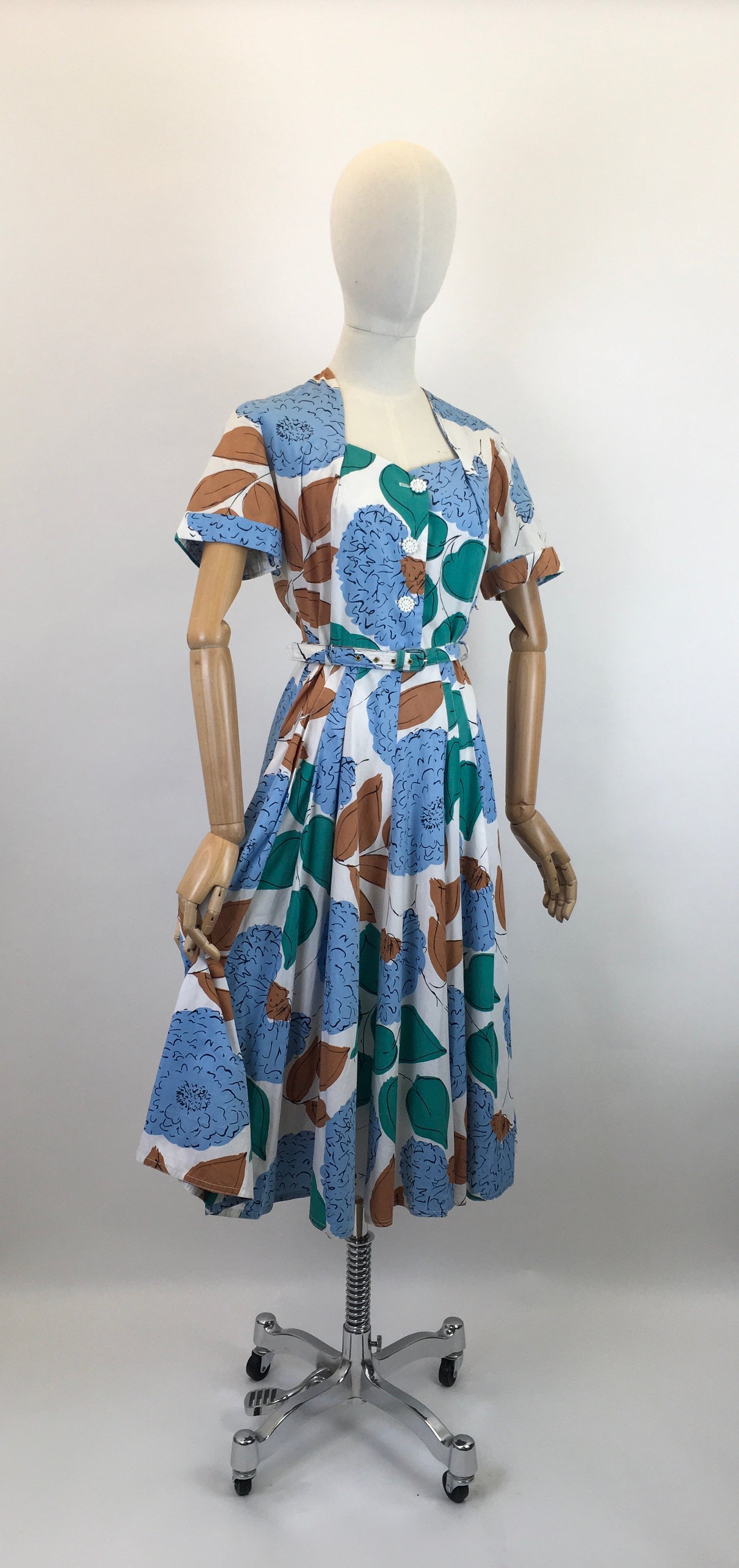 Original Late 1940’s Floral Cotton Day Dress - In Airforce Blue, Caramel Brown, Emerald on Crisp Off White