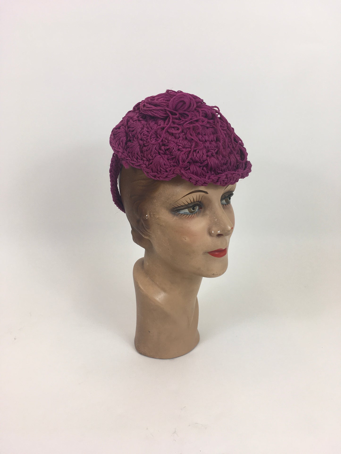Original 1940’s Fabulous Popcorn Crochet Headpiece - In A Bright Fuchsia Pink